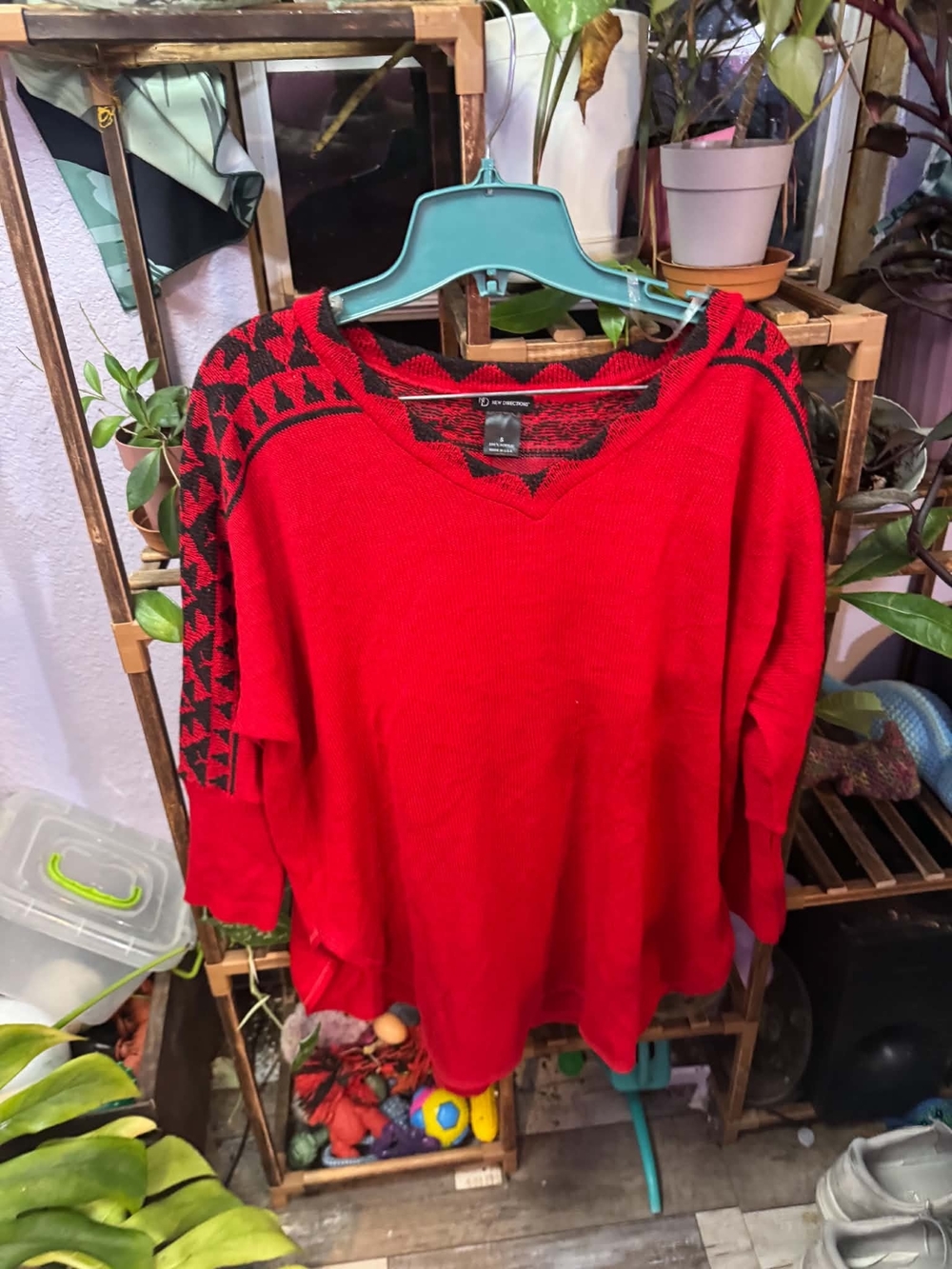 new directions Red V-Neck Sweater with Black Geometric Trim